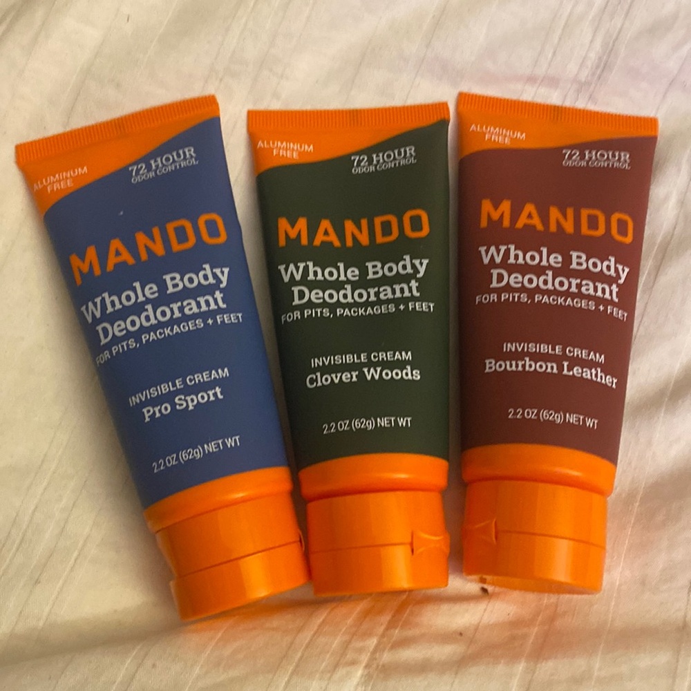 Mando whole body deodorant, three pack, bundle, pro sport, woods, bourbon, 2.2oz